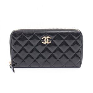 Chanel Round Wallet Classic Long Zip Quilted Black Patent